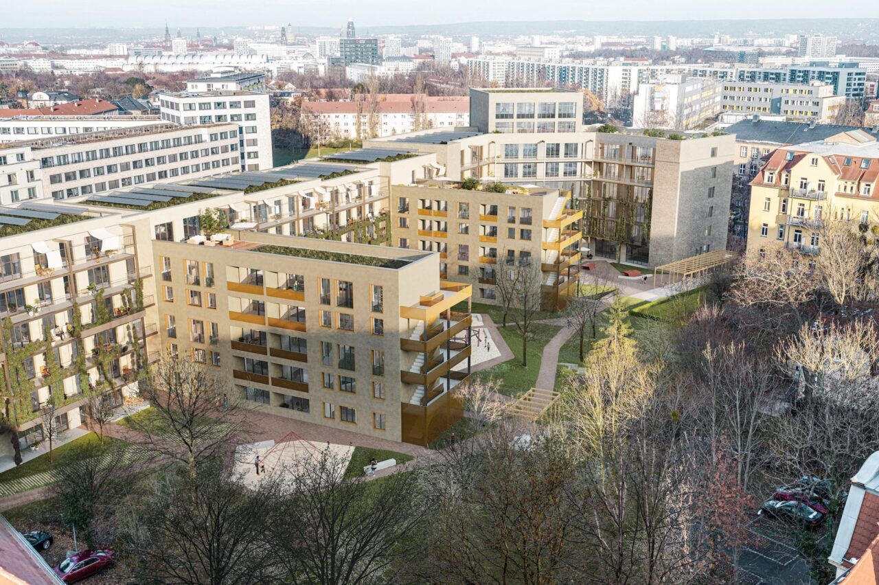 Wohnbebauung Münchner Straße, Dresden - Vogelschau über die neue Wohnbebauung